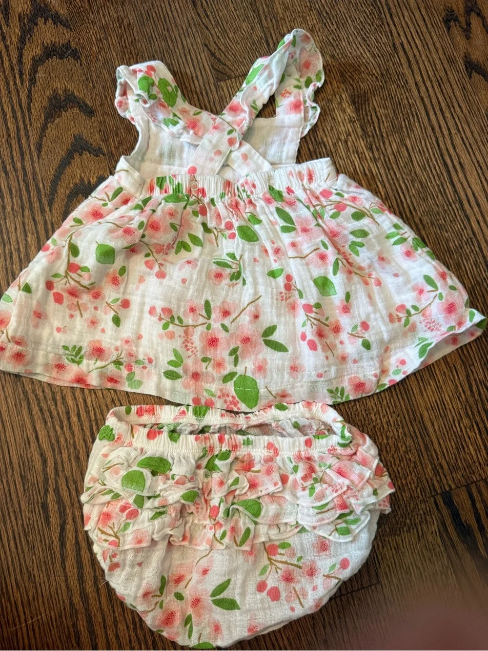 Angel Dear White Floral Dress & Bloomers in Pink and Green